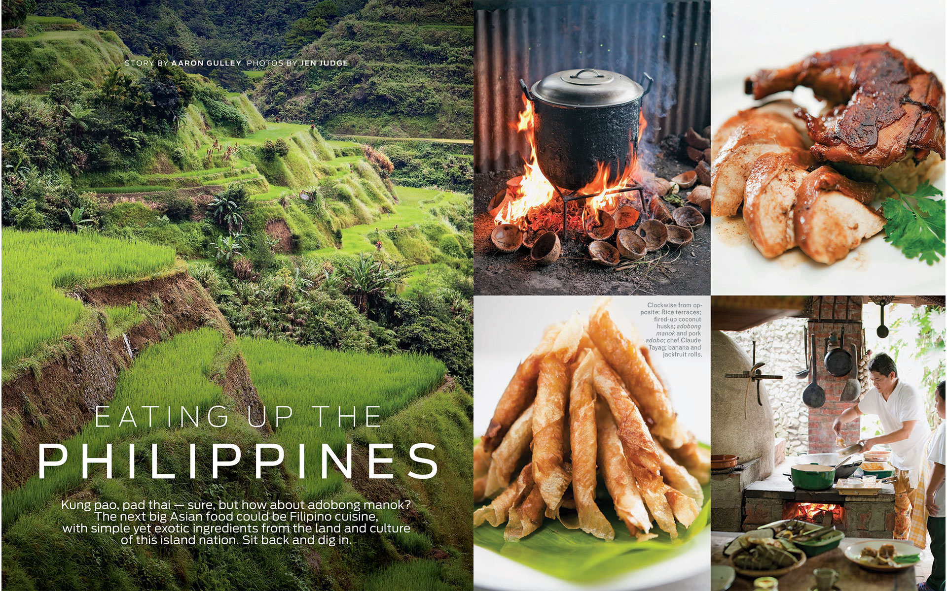<p style="text-align: center;"><b><font color="2a2871">Eating Up The Philippines, Islands, November 2009</font></b>
</p>
Kung pao, pad thai...sure, but how about adobong manok? The next big Asian food could be Filipino cuisine, with simple yet exotic ingredients from the land and culture of this island nation. Sit back and dig in.
<p style="text-align: center;"><a href="/users/AaronGulley18670/ISL_Philippines_11-09.pdf" onclick="window.open(this.href, '', 'resizable=no,status=no,location=no,toolbar=no,menubar=no,fullscreen=no,scrollbars=no,dependent=no,width=900'); return false;">Read the Story</a></p>
