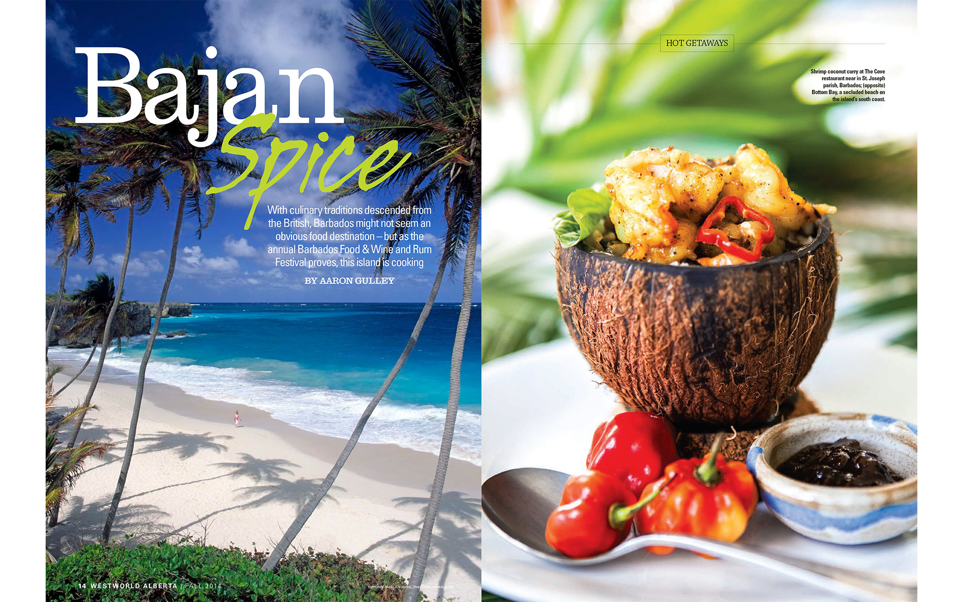 <p style="text-align: center;"><b><font color="2a2871"> Spice, Westworld, Fall 2014</font></b>
</p>
With culinary traditions descended from the British, Barbados might not seem an obvious food destination--but as the Barbados Food & Wine and Rum Festival proves, this island is cooking.
<p style="text-align: center;"><a href="/users/AaronGulley18670/WW_Barbados_Fall15.pdf" onclick="window.open(this.href, '', 'resizable=no,status=no,location=no,toolbar=no,menubar=no,fullscreen=no,scrollbars=no,dependent=no,width=900'); return false;">Read the Story</a></p>